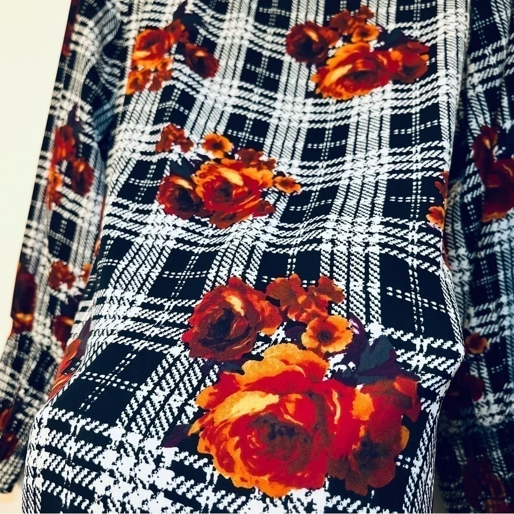 Anthropologie Black White Floral Plaid Long Puff Sleeve Sheer Peasant Blouse Top - Picture 4 of 9